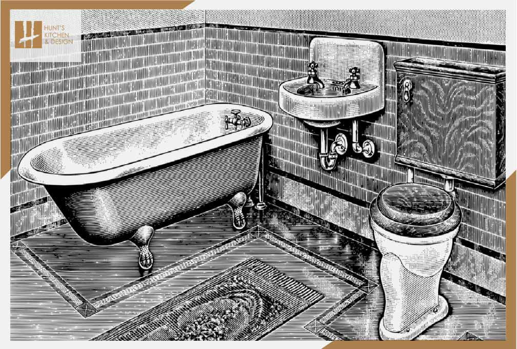 black and white image of old bathroom