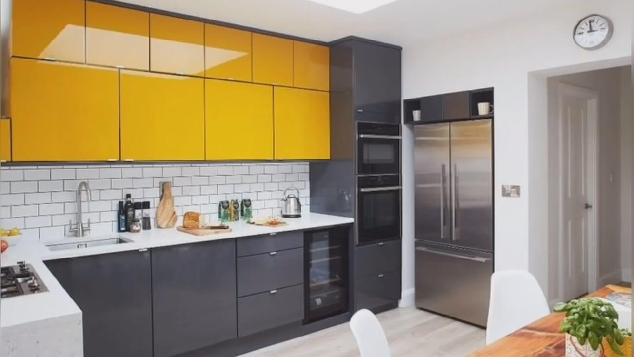 Yellow and gray Color Kitchen Cabinet