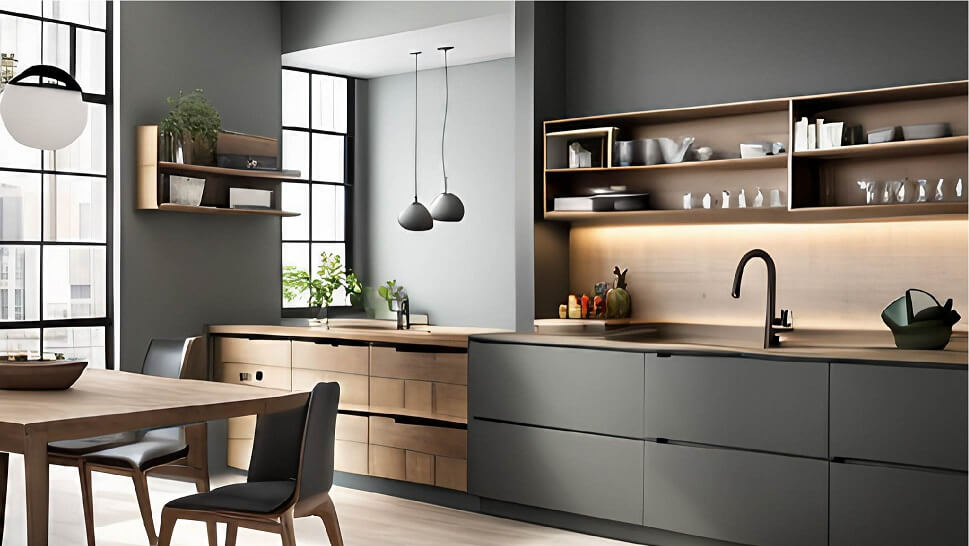Dark gray and polished wood Modern kitchen