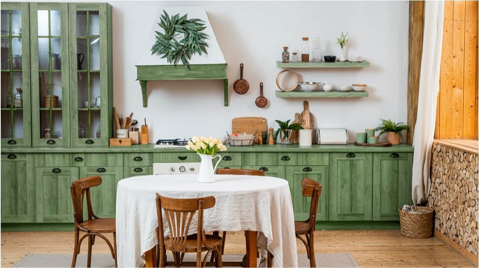 Green rustic Farmhouse Kitchen open shelving