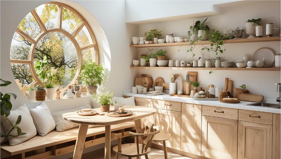 Plants on Scandinavian Kitchen open shelving