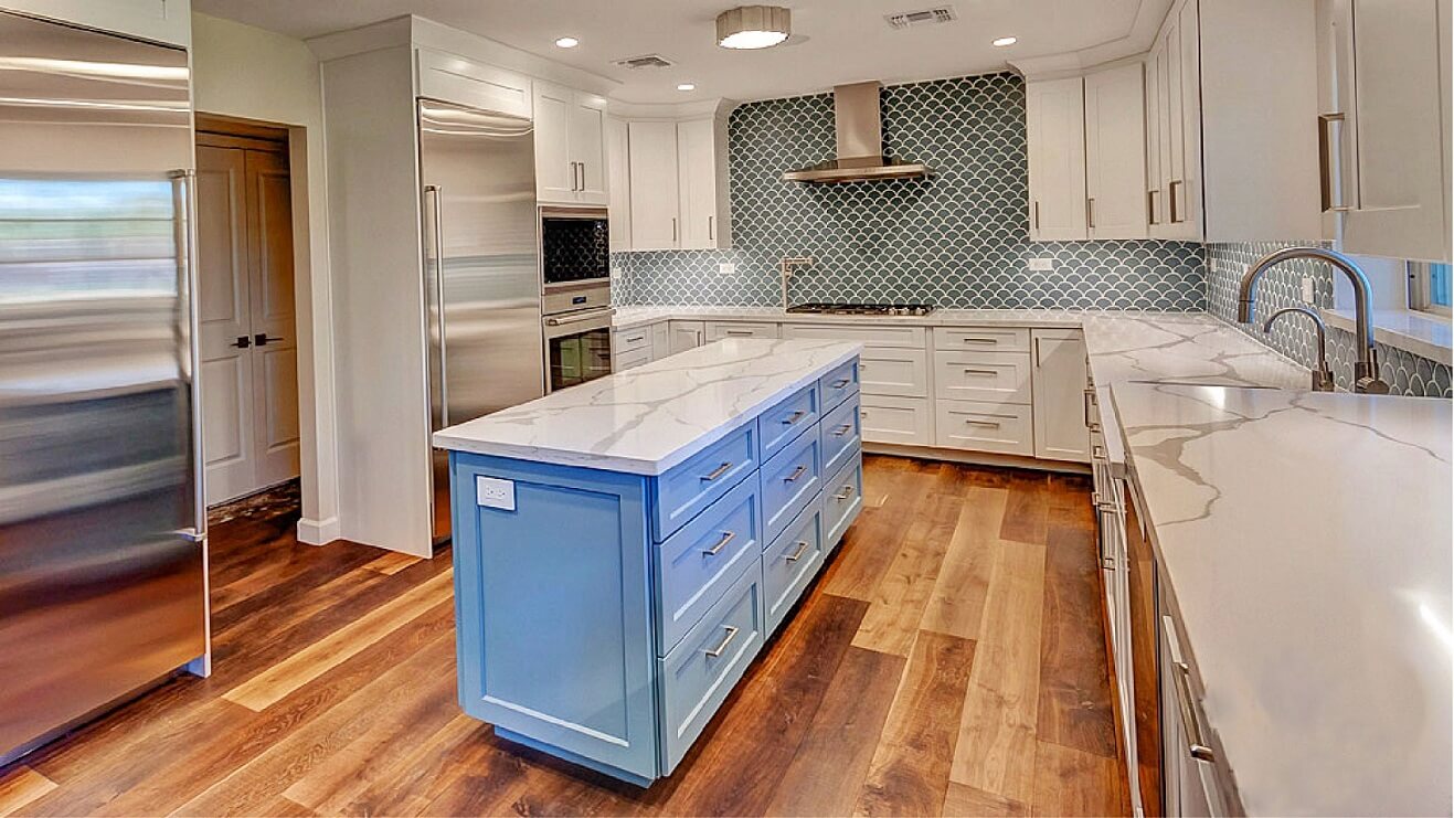 blue and white kitchen symmetry